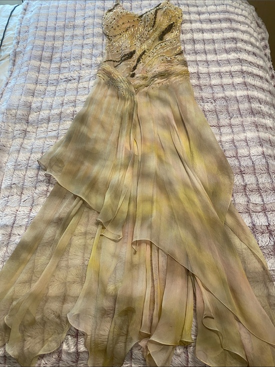 Sue Wong Dresses & Skirts - Sue Wong Beaded High-Low Flowy Silk Gown in Yellowish Green Champagne Hues